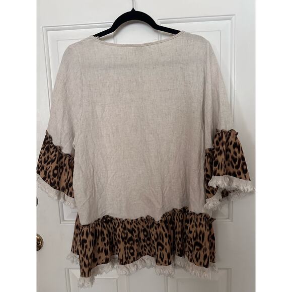 Umgee Tunic Top Animal Print Linen Ruffle Hem Beige Peplum Women's Size Medium - Picture 4 of 7